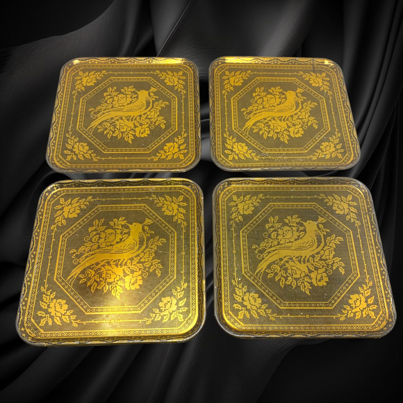 Lot 4 x Vintage Peacock Bird Design Gold Metal Tin Serving Trays 10.5 x 10.5 MCM - Picture 1 of 8